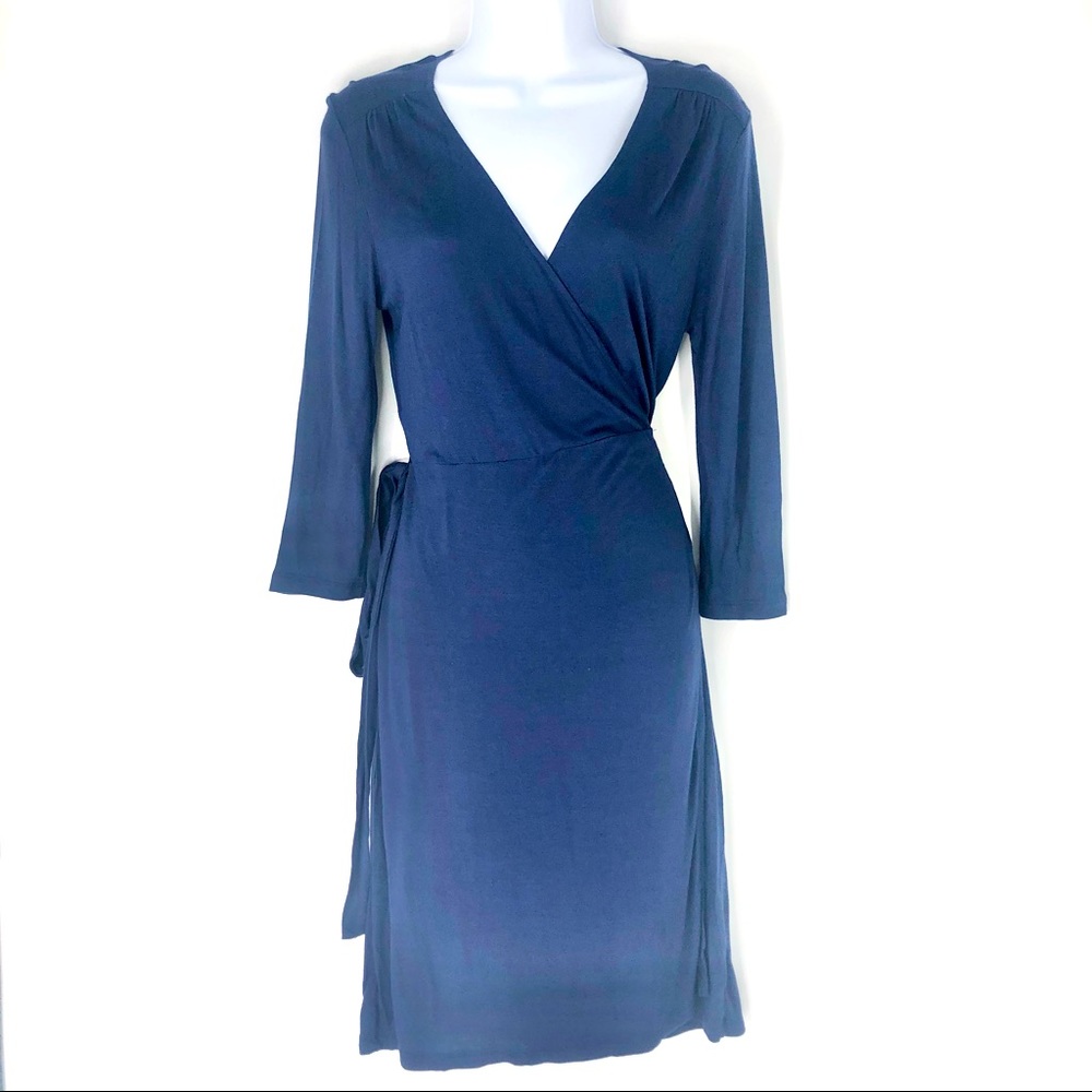 Old Navy Size Small Navy Blue V Neck Midi Wrap Dress with 3/4 Length Sleeve NWT